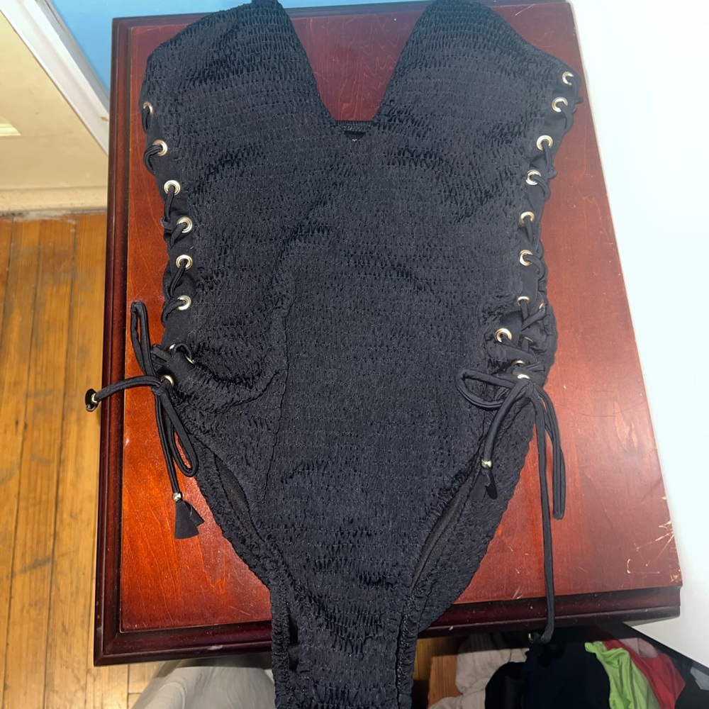 Victoria’s Secret Black One-Piece Bathing Suit- Black Ribbed Ties on Side-MEDIUM